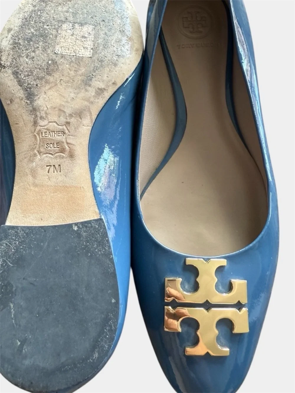 Tory Burch Reva Flats Blue Patent Leather Gold Logo Ballet Shoes Women’s 7M